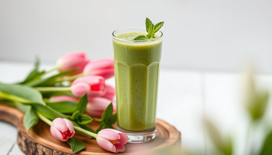 Vibrant mint matcha smoothie with mint garnish on wooden board.
