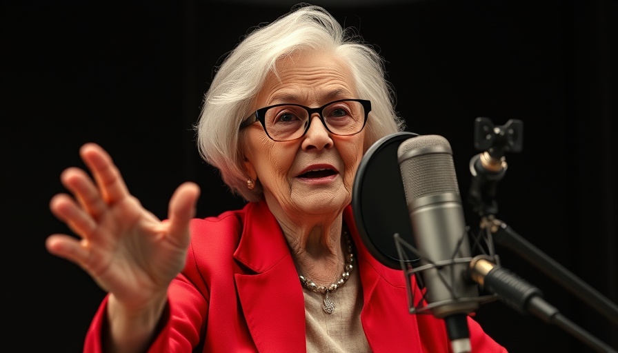 Elderly woman in red blazer speaking into a microphone.