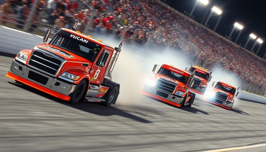 NASCAR Truck Series Overtime action on racetrack with motion blur.