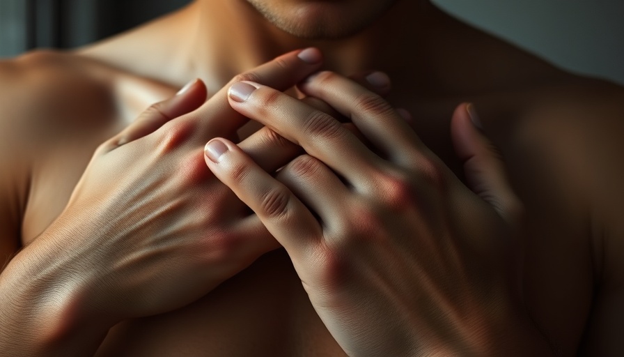 Close-up of hands covering chest, thoughtful gesture in muted lighting.
