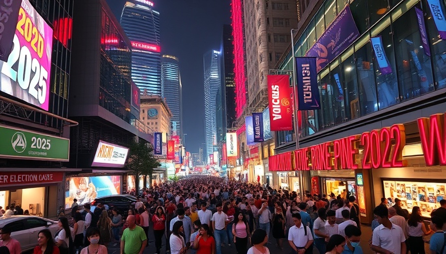 Singapore cityscape during 2025 election, vibrant nighttime scene.