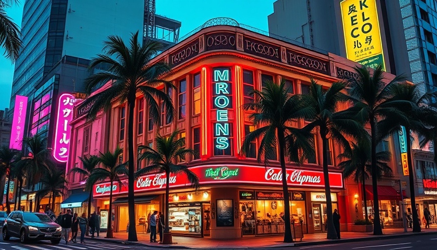 Vibrant corner building at night with neon lights and palm trees in San Antonio.