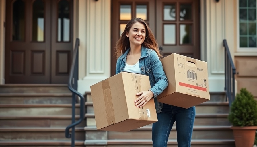 Casual woman carrying boxes in a residential area for Houston business.