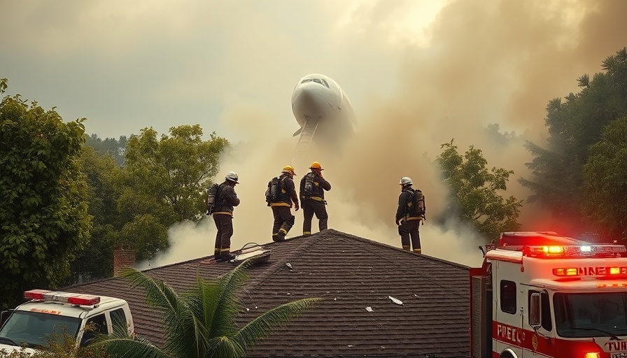Simi Valley plane crash scene with firefighters on smoky roof