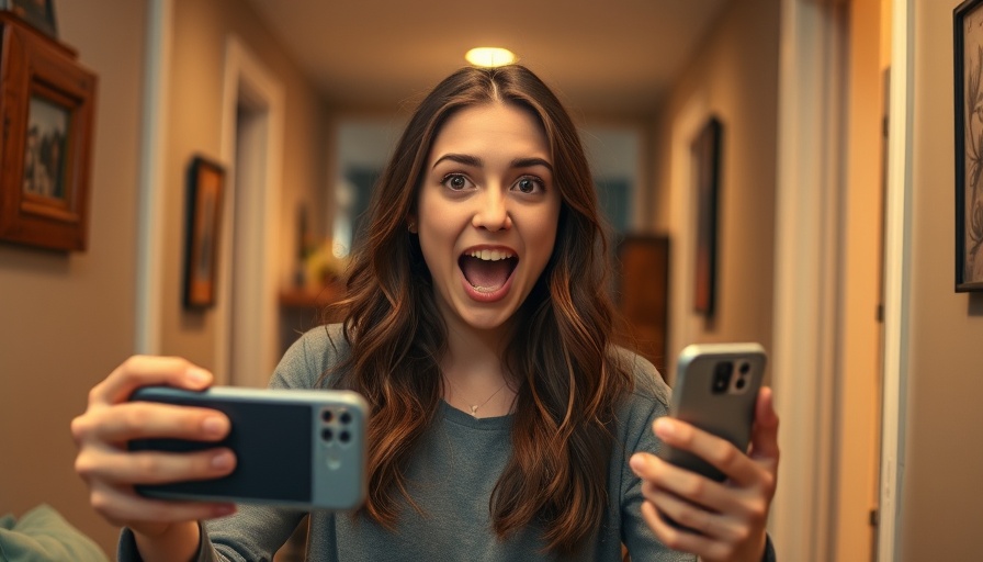 Amused young woman reacting to prank in dimly lit hallway.