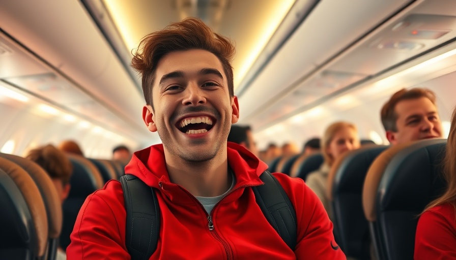 Cheerful young man in red jacket on a plane, related to NFL news.