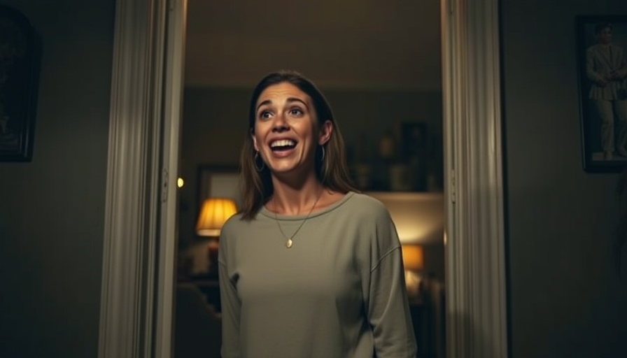 Surprised woman in doorway during a candid moment, dim lighting