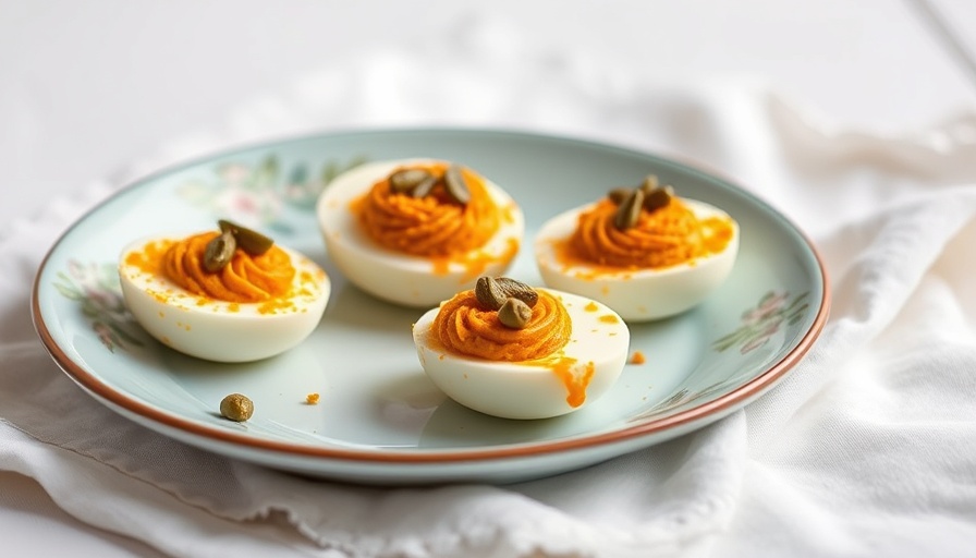 Romesco devilled eggs on a blue plate.