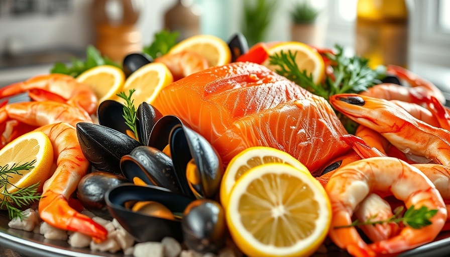 Assortment of seafood with lemon and herbs in bright kitchen.