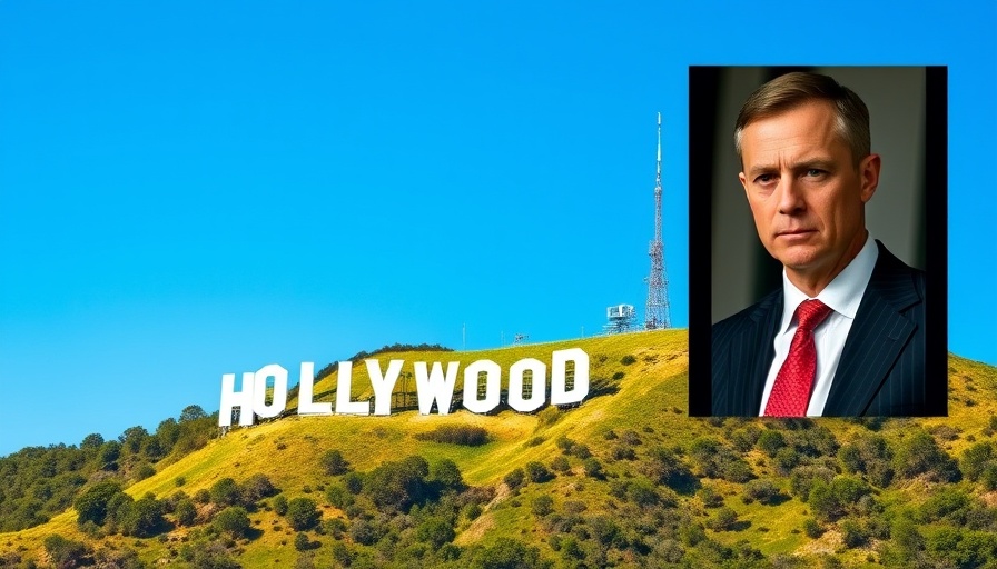 Hollywood sign with inset image of man and 100% tariff on foreign movies discussion.