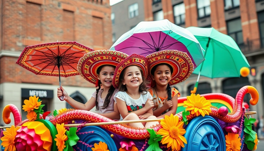 Children in sombreros on colorful float at Detroit Cinco de Mayo parade.