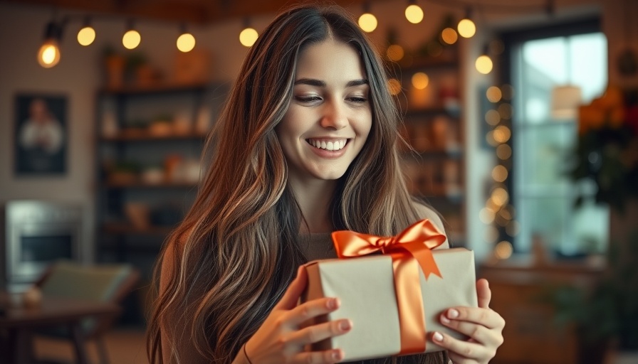Young woman receiving a personalized gift in a cheerful indoor setting.