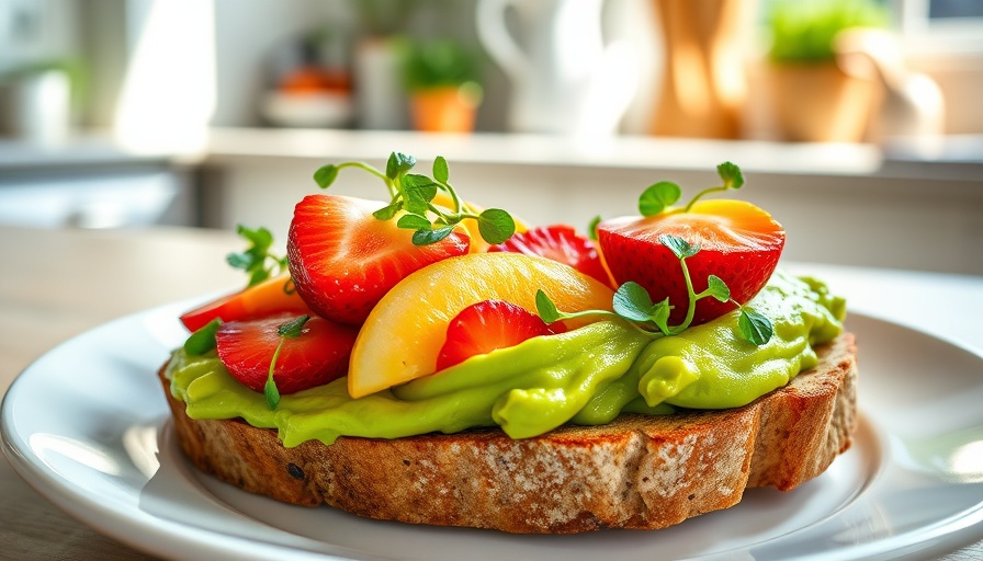 Avocado toast with strawberries and microgreens on a plate.
