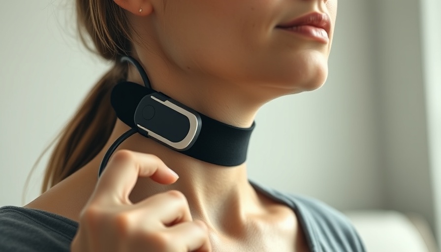 Woman using vagus nerve stimulation device for PTSD therapy.