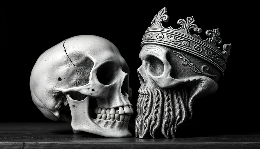 Profile of medieval king with skulls, historical engraving.
