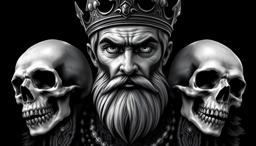 Illustration of medieval king and skulls, historical artwork