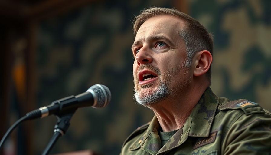 Man in military attire speaking passionately at a podium.