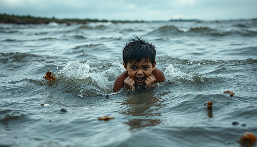 Child swept away by rising water in turbulent scene with debris.