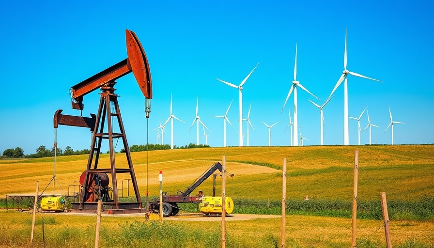 Contrasting energy sources with oil pumpjack and wind turbines in field.