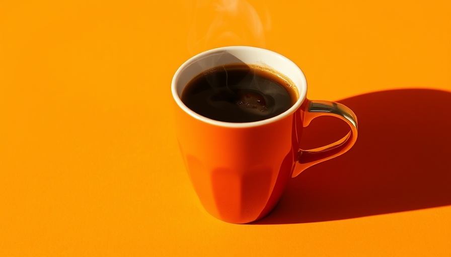 Top view of coffee in a white cup against an orange background.