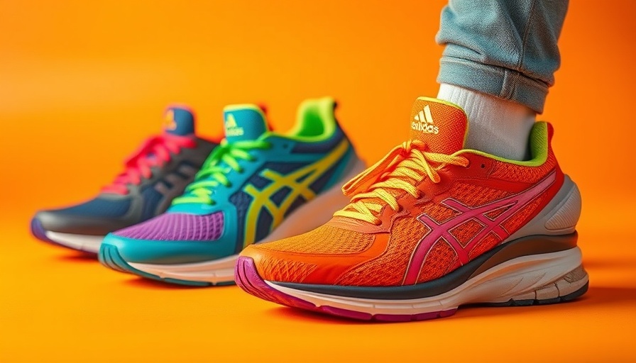 Colorful running shoes display on orange background. Best treadmill running shoes.