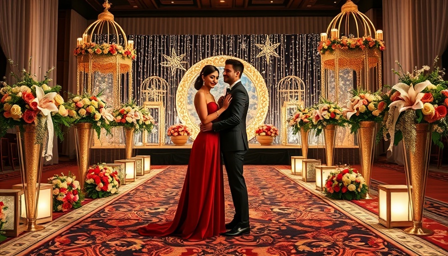 Elegant couple at an evening event amid floral decor