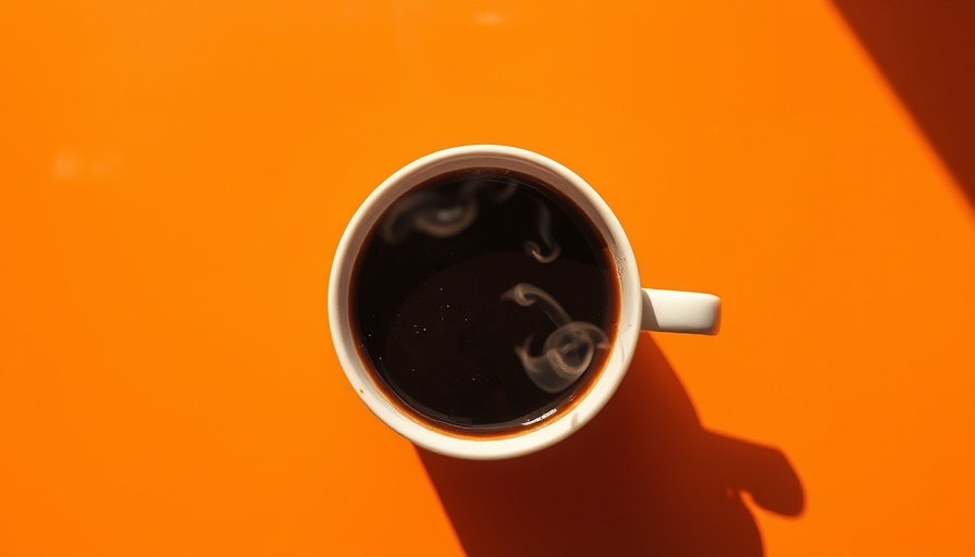 Steaming cup of coffee on orange surface, top-down view.