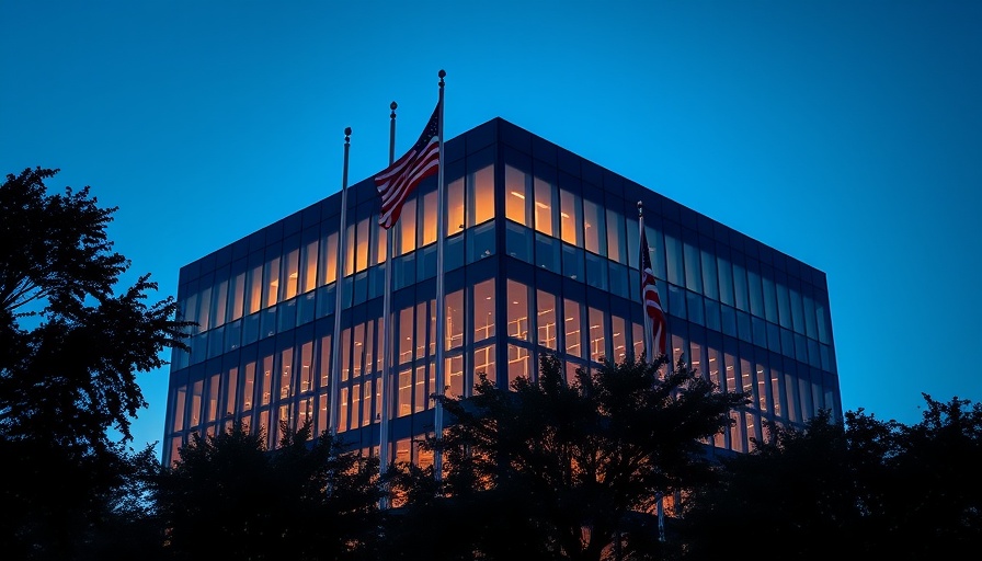 Modern office building with flags at dusk, Social Security Administration issues backdrop