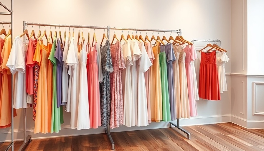 Pastel dresses on a clothing rack in a Dallas fashion boutique.