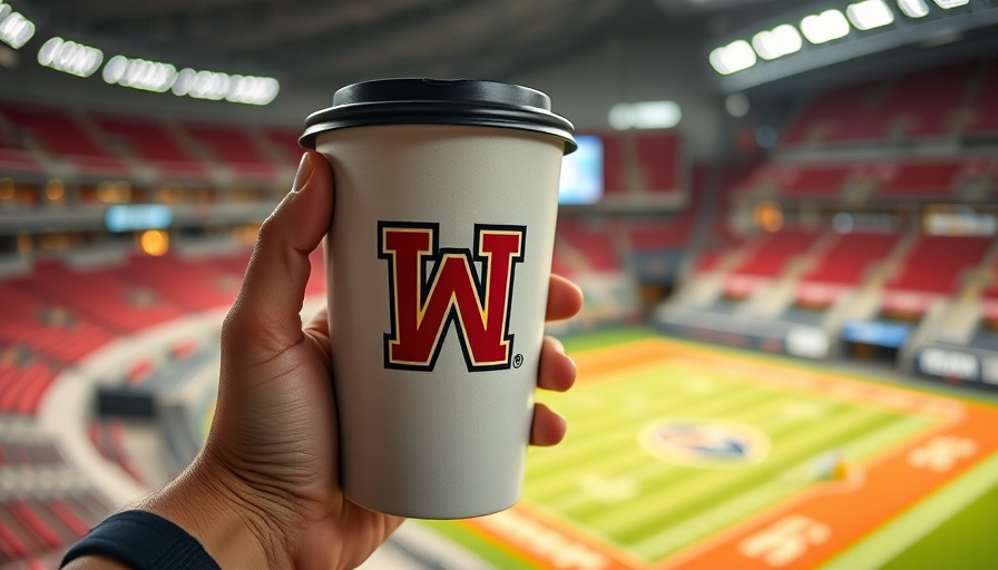 Reusable cup at stadium promoting microplastic reduction.