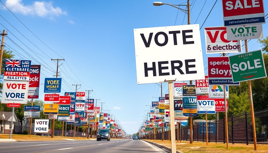 San Antonio elections news: Vote here signage with banners on a sunny day.