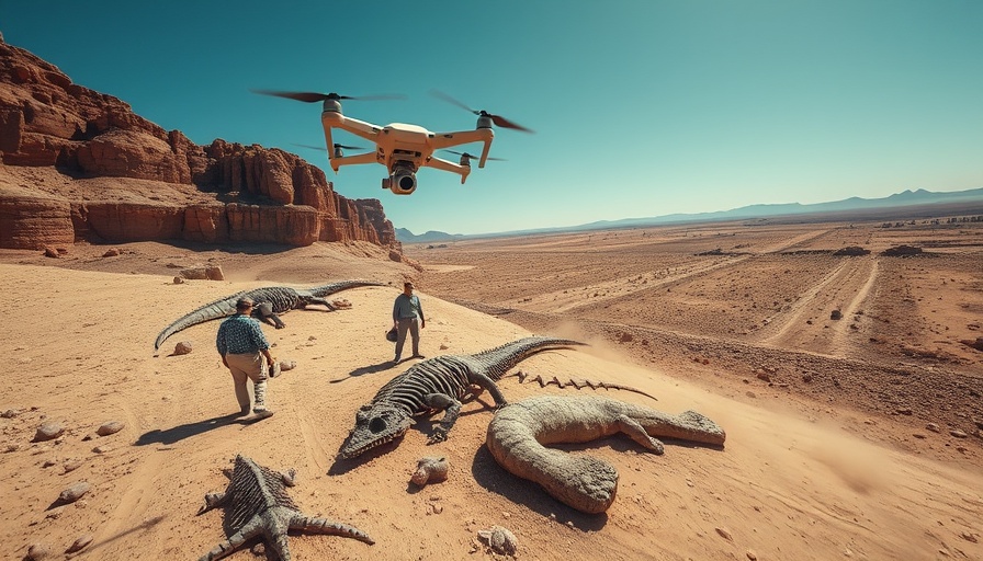 Drone-assisted dinosaur fossil dating at paleontological site.