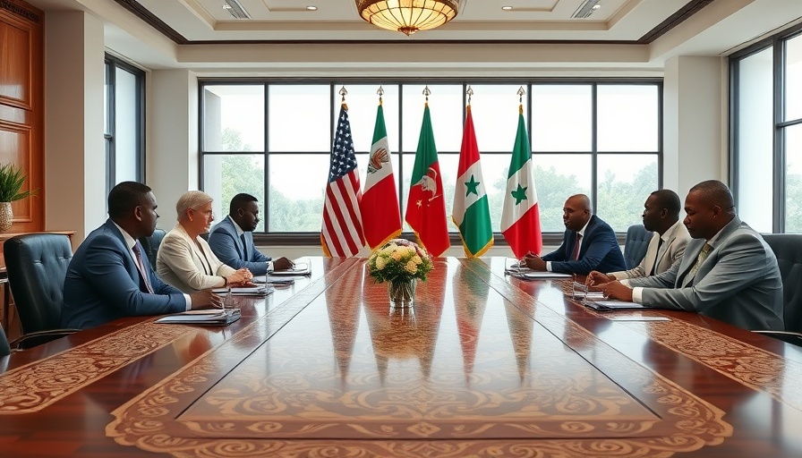 U.S. and Benin diplomatic meeting room, flags displayed prominently.