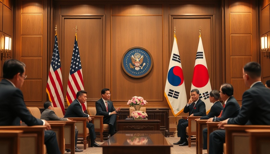 Formal diplomatic meeting on US-South Korea relations with flags.