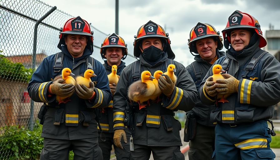 Houston firefighters holding rescued ducklings outdoors.