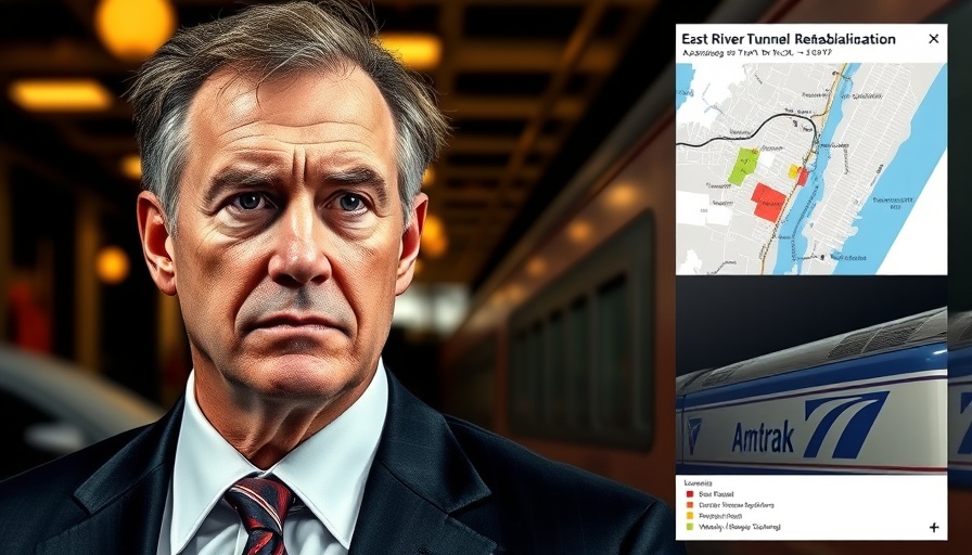 Collage depicting Amtrak East River Tunnel delay with map and train.