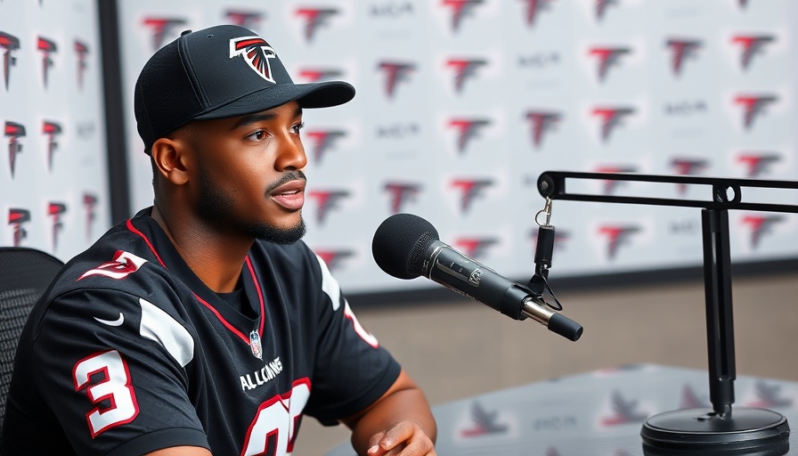 Young man in Atlanta Falcons gear during a podcast.