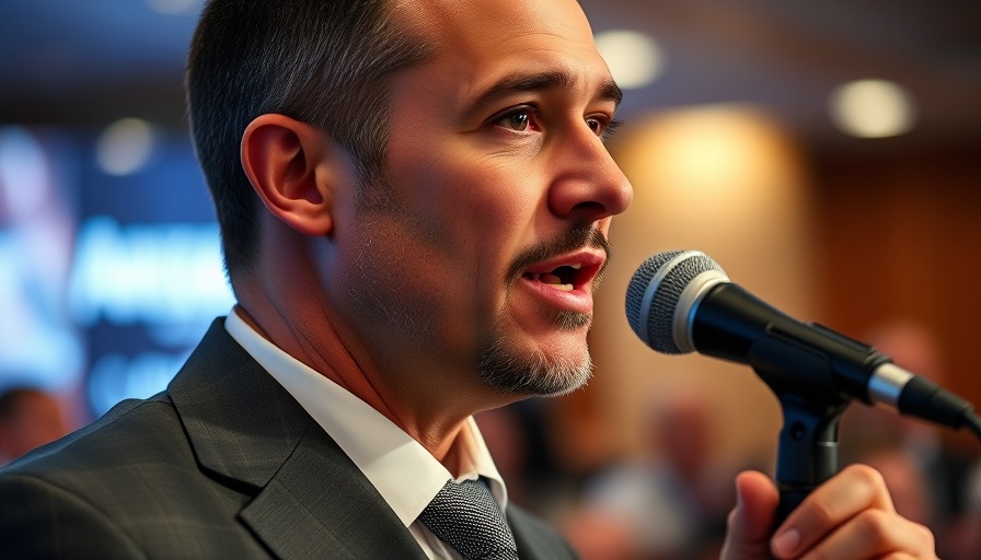 Confident man speaking into a microphone at an event, NFL news.