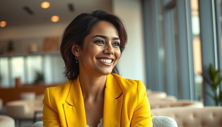 Smiling woman in yellow blazer, indoor setting.