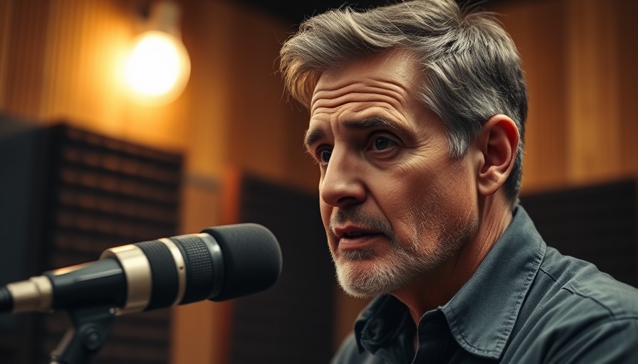 Middle-aged man speaking in a soundproof studio, warm lighting.