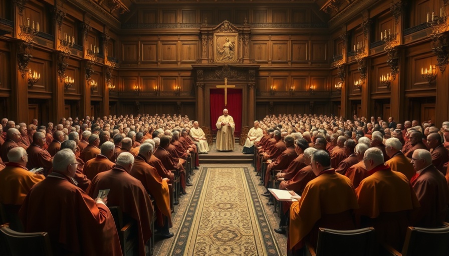 Vatican conclave gathering of cardinals in assembly hall.