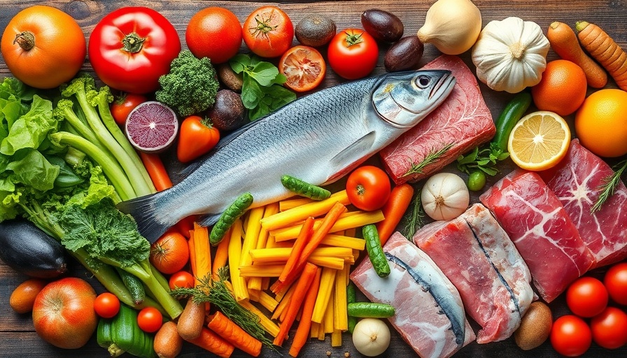 Heart healthy Paleo diet foods including vegetables, fruits, nuts, fish, and meat.