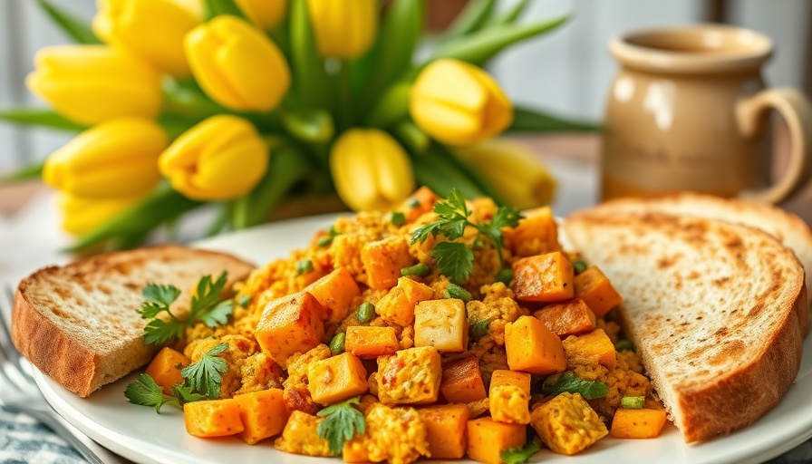 Delightful plate of spicy tofu scramble with sweet potato and toast, fresh breakfast setting with tulips.