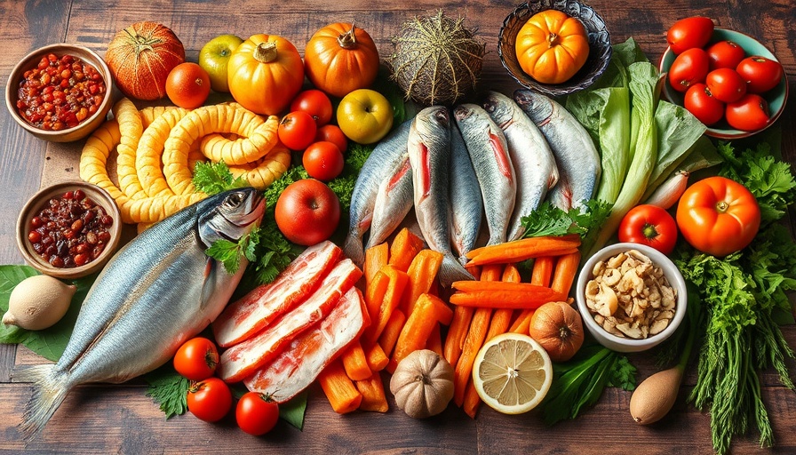 Assorted foods on wooden table illustrating nutritious paleo diet.