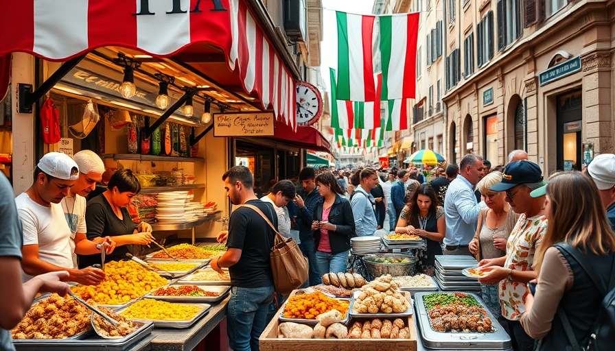 Italian street food stall in Plano, bustling market scene.