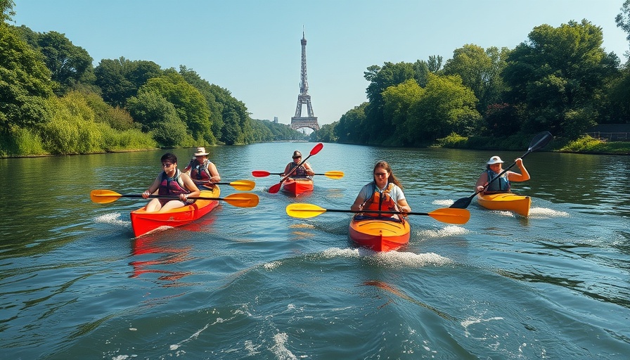 Kayakers on a serene river in San Antonio with cityscape.