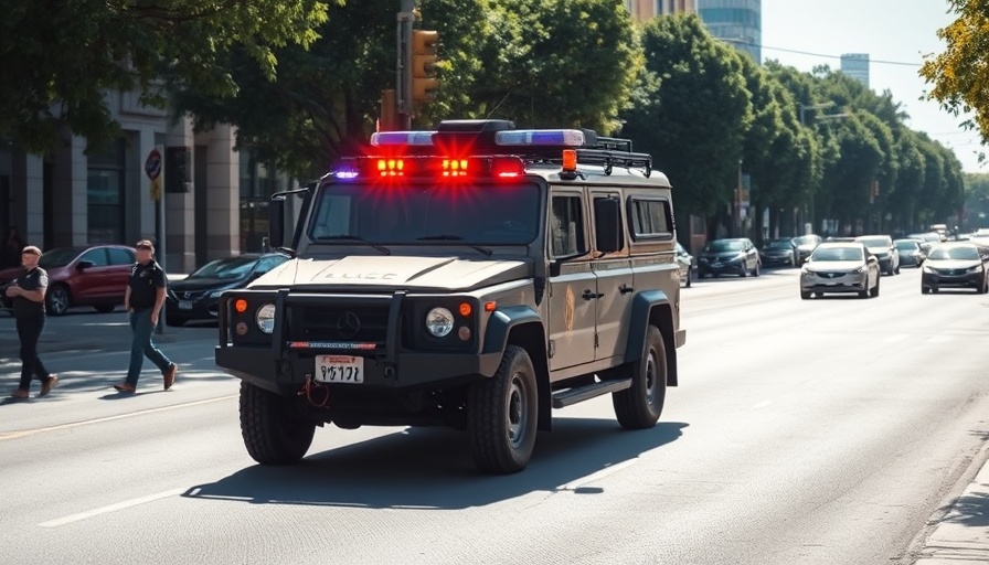 Armored police vehicle on San Antonio street for crime report.