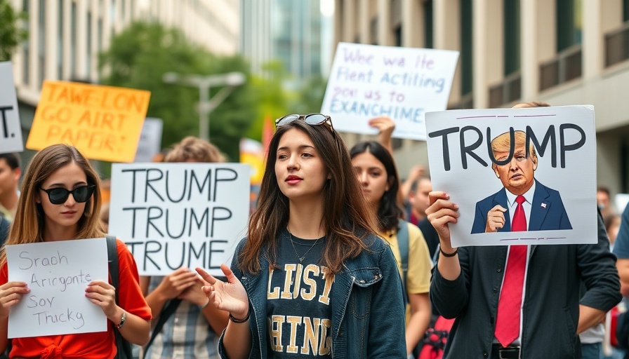 Protesters with signs and Trump speaking, democracy crisis theme.