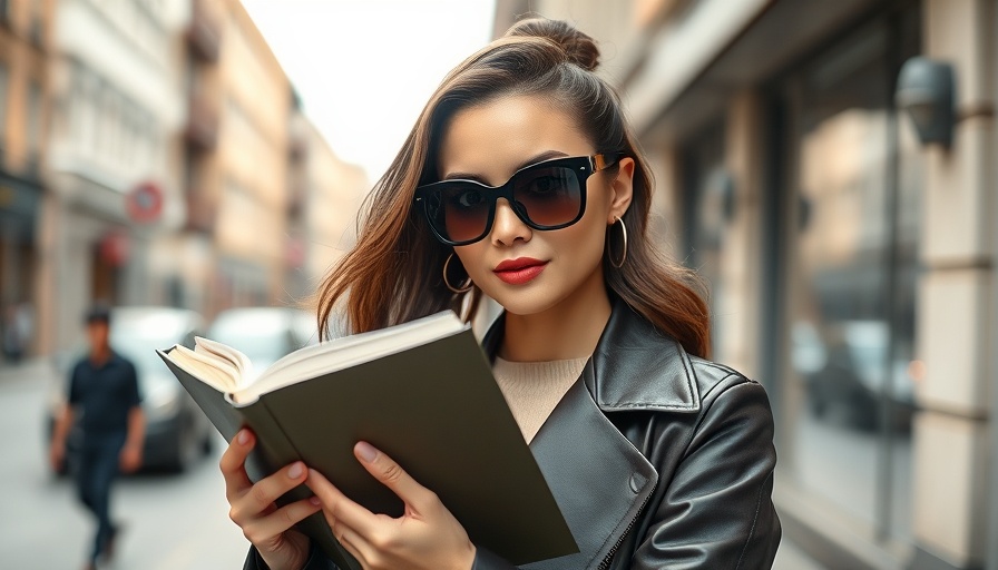 Chic woman confidently holding a book in urban setting