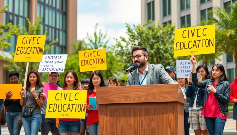 Protesters with civics education signs at Trump-themed classes event.